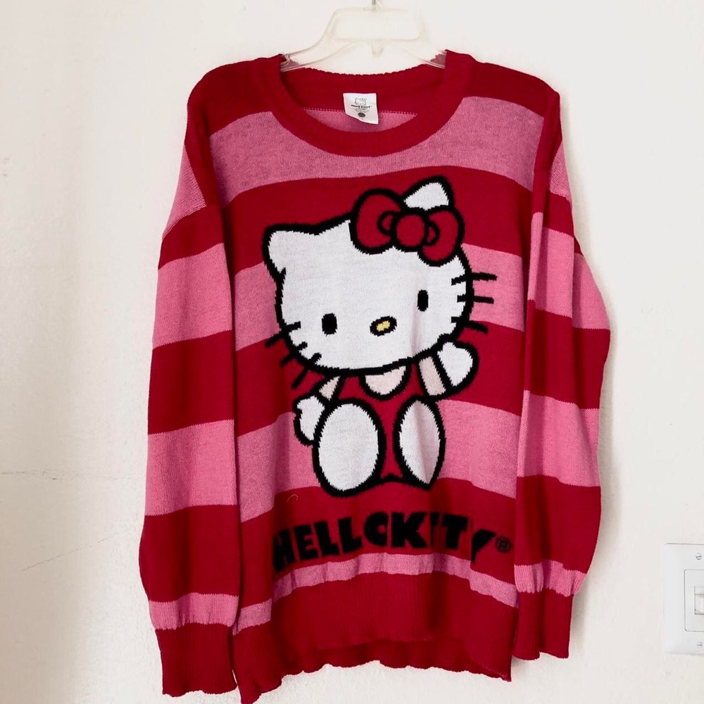 Hello Kitty Sanrio red pink striped sweater #kawaii chunky crewneck long sleeve